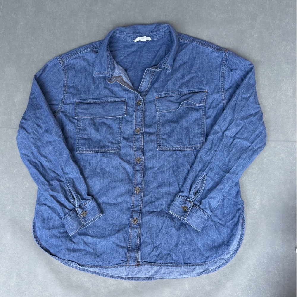 Beach lunch lounge Blue Denim Button Down Shirt LDT6186 Cotton Long Sleeve Large